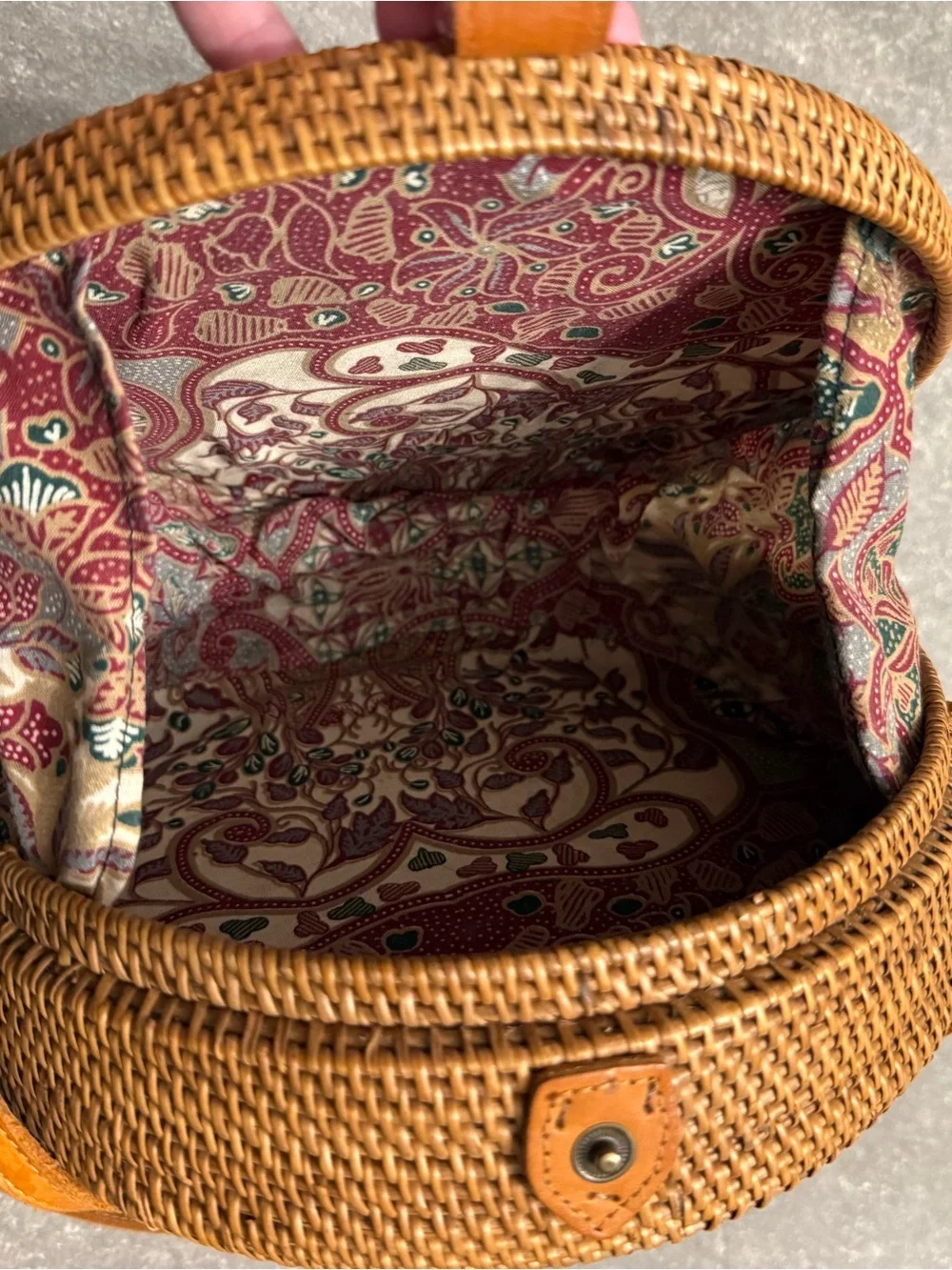 Like New - Handwoven Round Rattan Bag Leather Strap